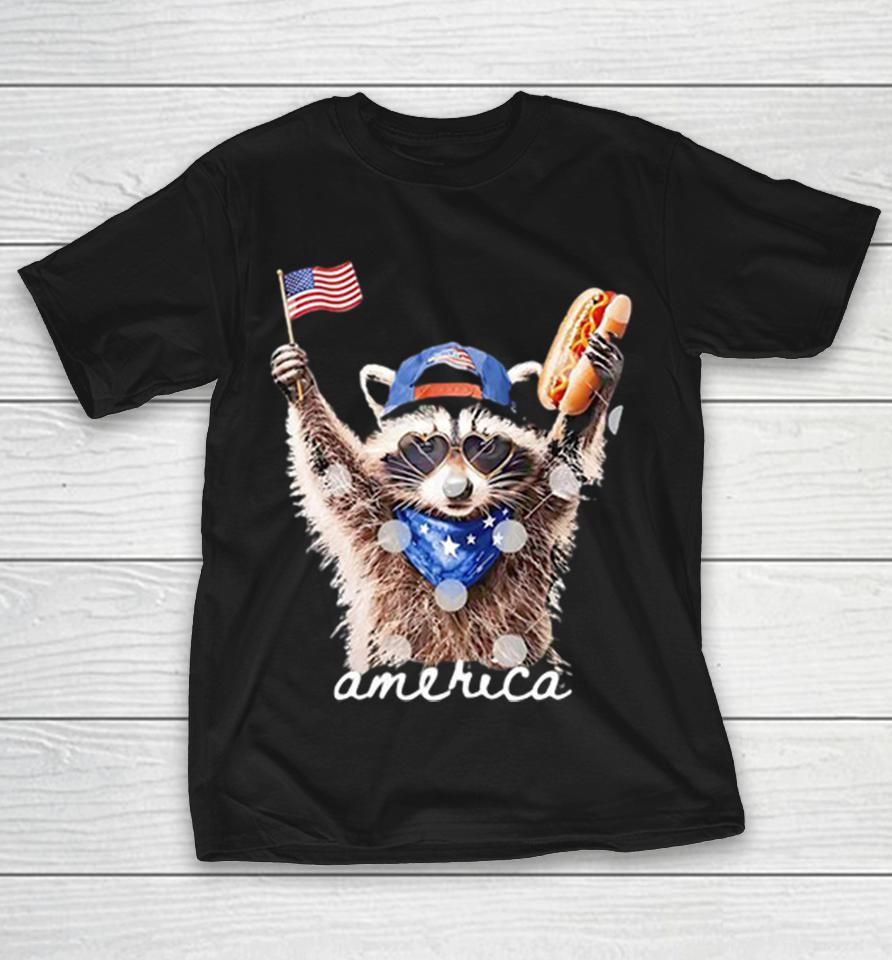 American Raccoon Holding Hot Dog and Flag Independence Day america Shirts