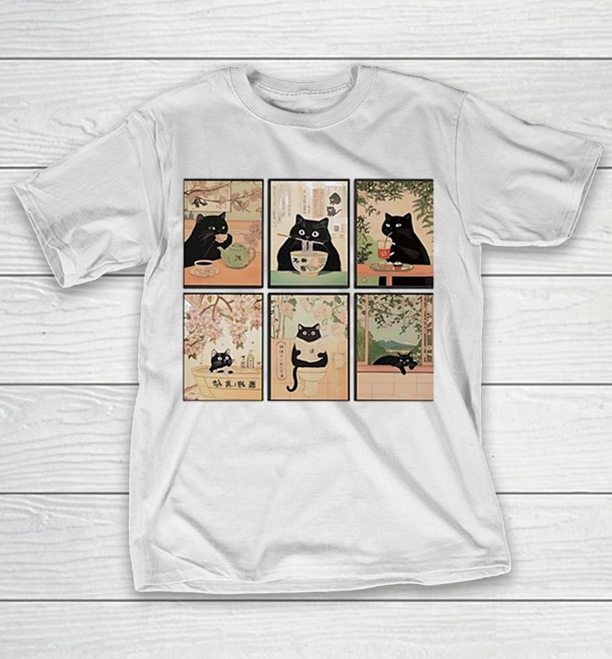 Black Cats Japanese Ukiyo-E Art Style Six Panel Collage Shirts 1 Black Cats Japanese Ukiyo-E Art Style Six Panel Collage Shirts