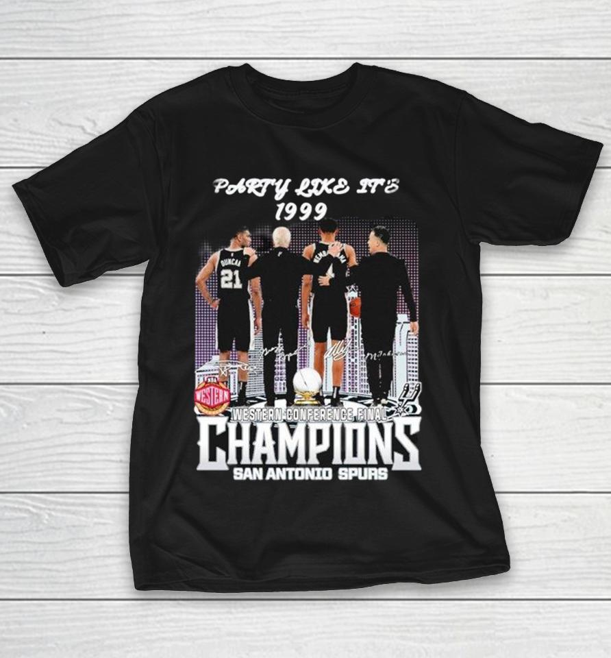 Tim Duncan Victor Wembanyama Mitch Johnson And Gregg Popovich Party Like It’s 1999 Western Conference Final Champions Shirts 1 Tim Duncan Victor Wembanyama Mitch Johnson And Gregg Popovich Party Like It’s 1999 Western Conference Final Champions Shirts