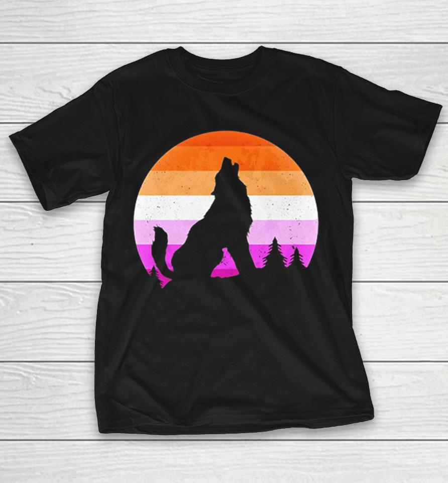Wolf Howling Lesbian Pride Flag Sunset Retro Silhouette Shirts 1 Wolf Howling Lesbian Pride Flag Sunset Retro Silhouette Shirts